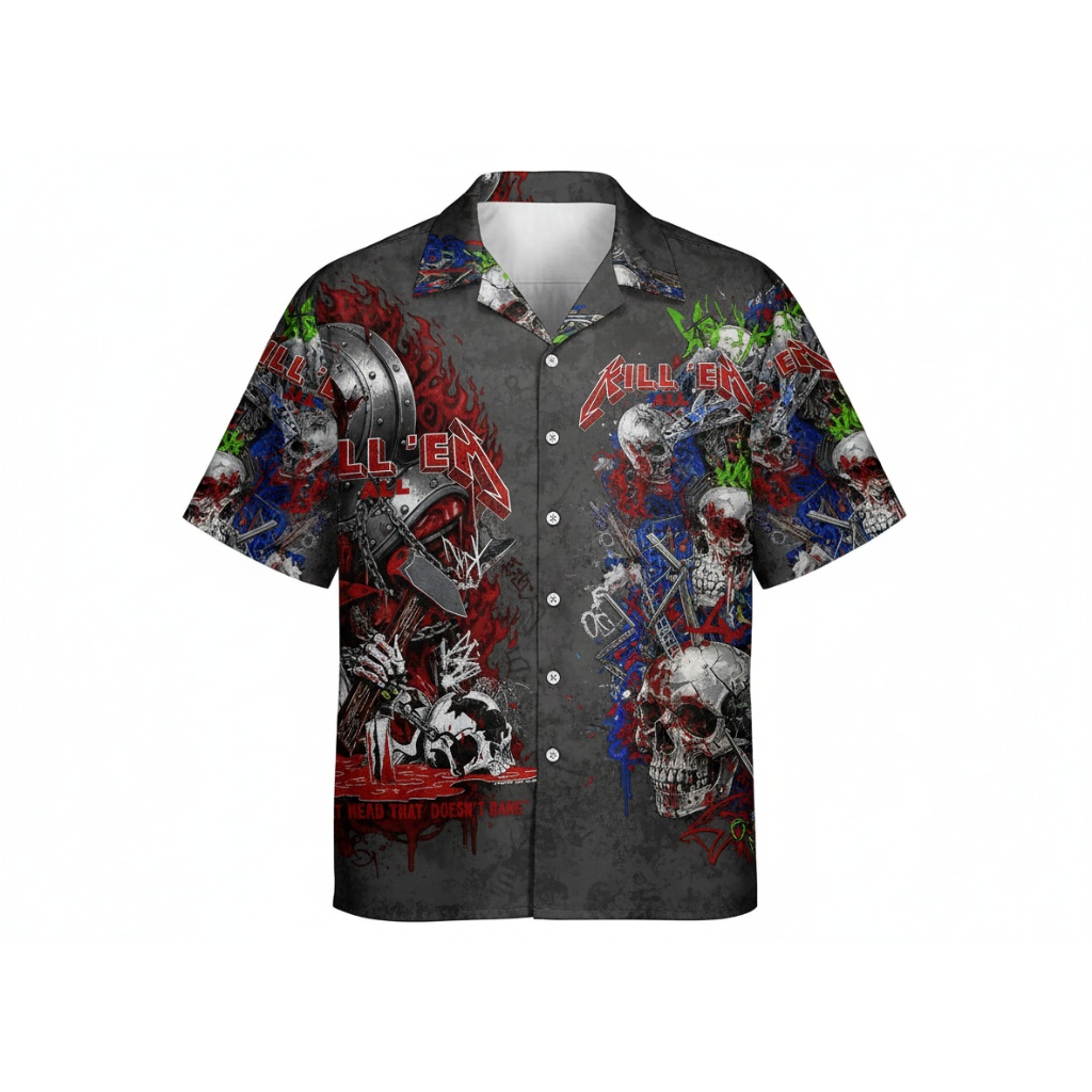 Kill Em All Skulls Hawaiian Shirt Black Red Graphic Print Front - Fadebrick.com