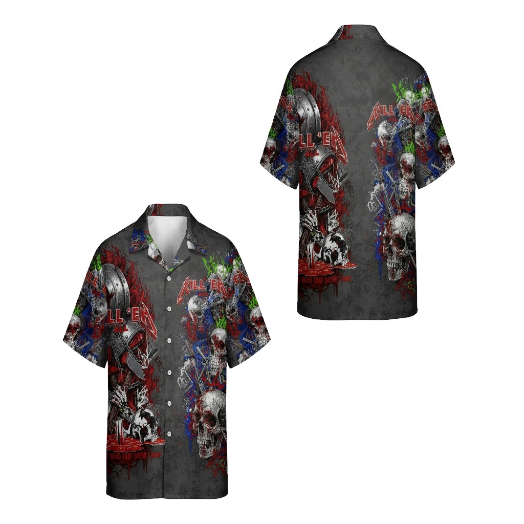 Kill Em All Skulls Hawaiian Shirt Black Red Graphic Print - Fadebrick.com