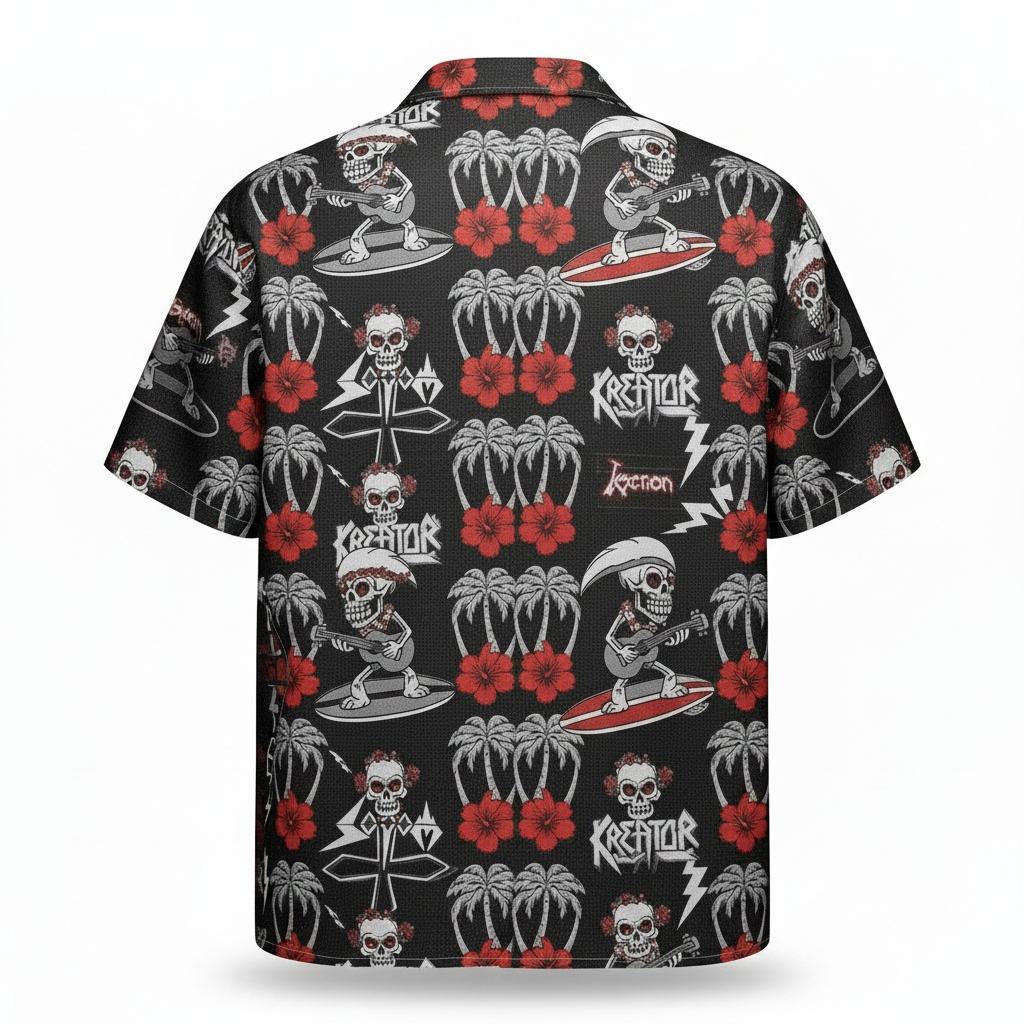 Kreator Skull Surfing Hawaiian Shirt Black Red Tropical Back - Fadebrick.com