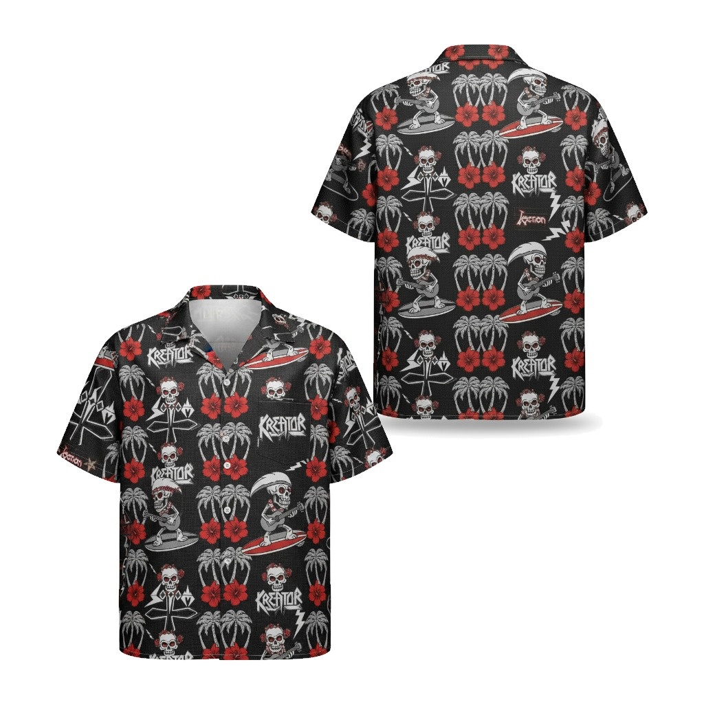 Kreator Skull Surfing Hawaiian Shirt Black Red Tropical Front Back - Fadebrick.com