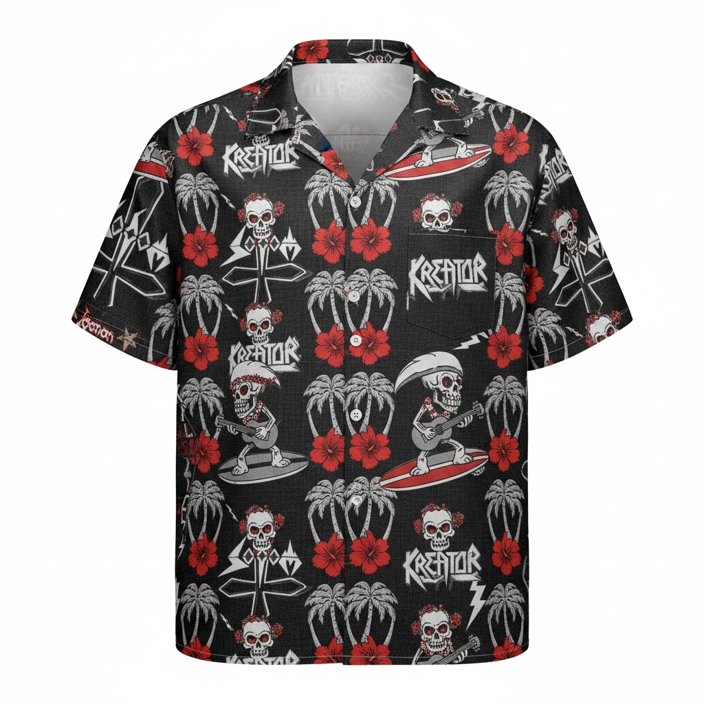 Kreator Skull Surfing Hawaiian Shirt Black Red Tropical Front - Fadebrick.com