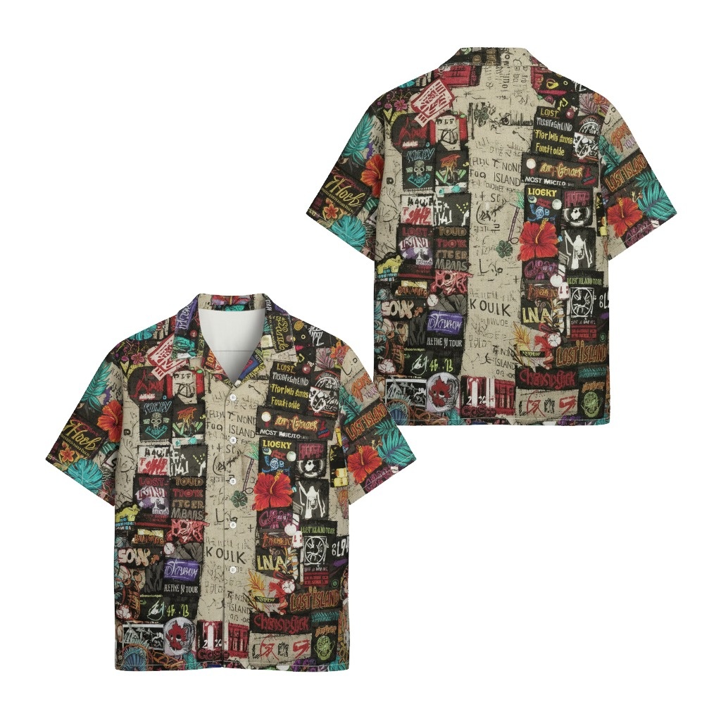 Lost Island Graphic Print Hawaiian Shirt Beige Multi Color Front Back - Fadebrick.com