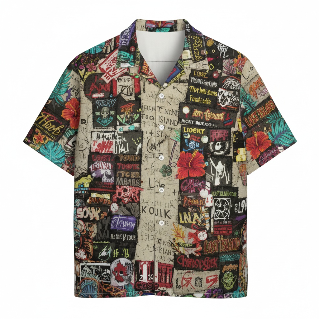 Lost Island Graphic Print Hawaiian Shirt Beige Multi Color Front - Fadebrick.com