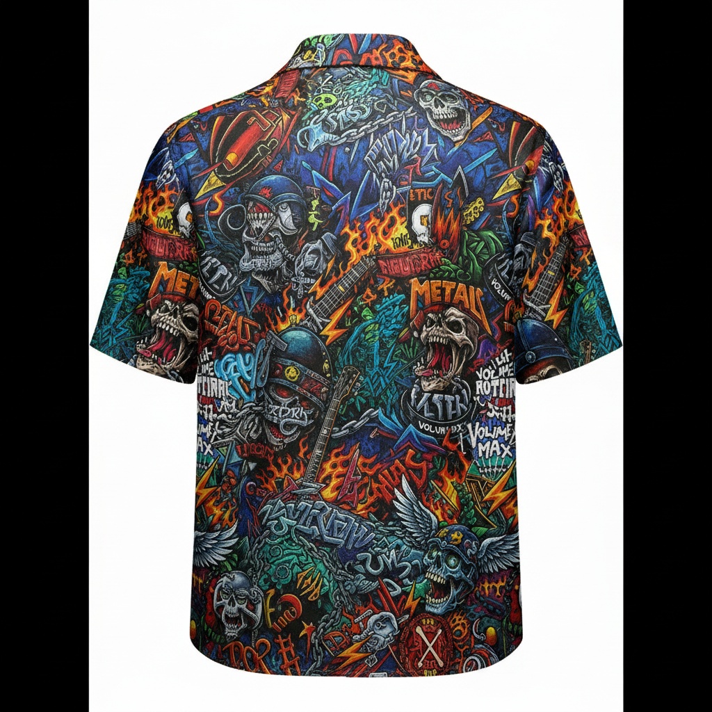Loud Multi Color Metal Skull Graphic Button Up Shirt Back - Fadebrick.com