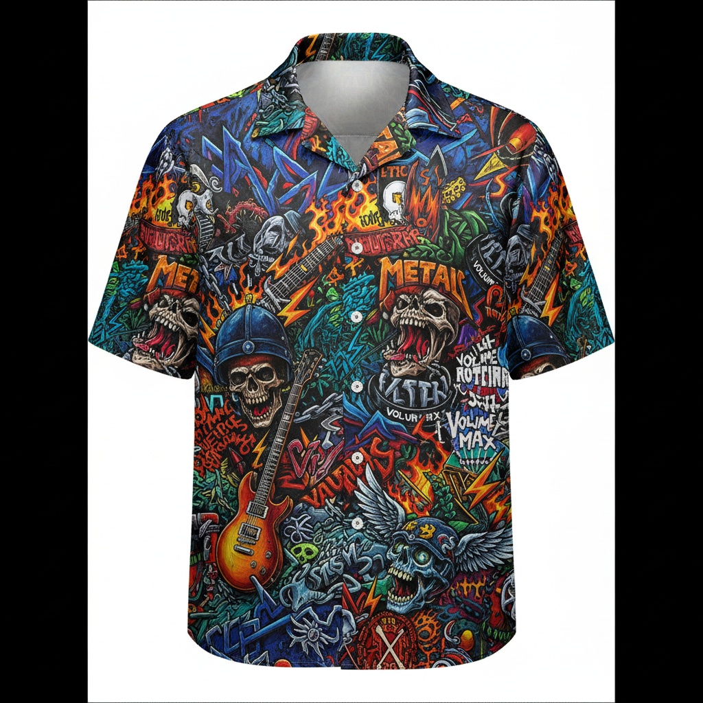 Loud Multi Color Metal Skull Graphic Button Up Shirt Front - Fadebrick.com