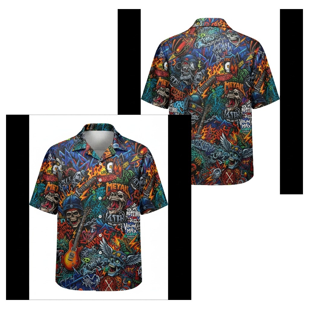 Loud Multi Color Metal Skull Graphic Button Up Shirt - Fadebrick.com