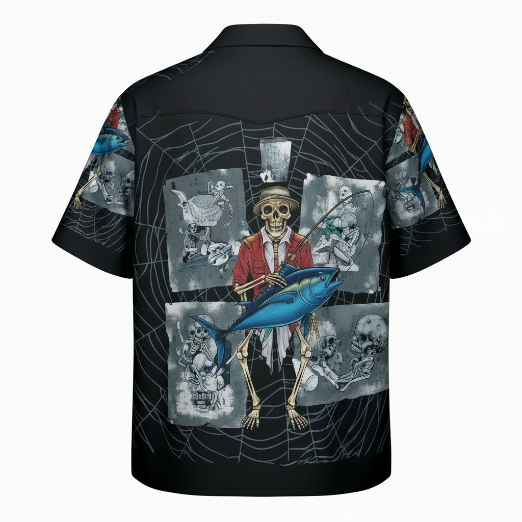 Master Fishing Skeleton Hawaiian Shirt Black Tuna Design Back - Fadebrick.com
