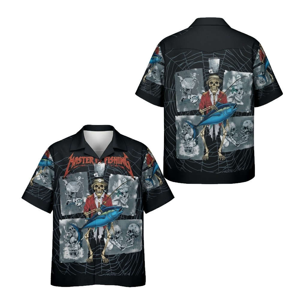 Master Fishing Skeleton Hawaiian Shirt Black Tuna Design Front Back - Fadebrick.com
