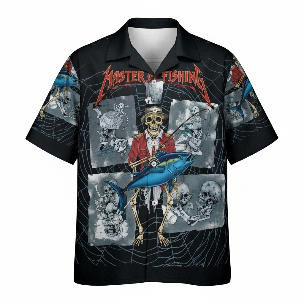 Master Fishing Skeleton Hawaiian Shirt Black Tuna Design Front - Fadebrick.com