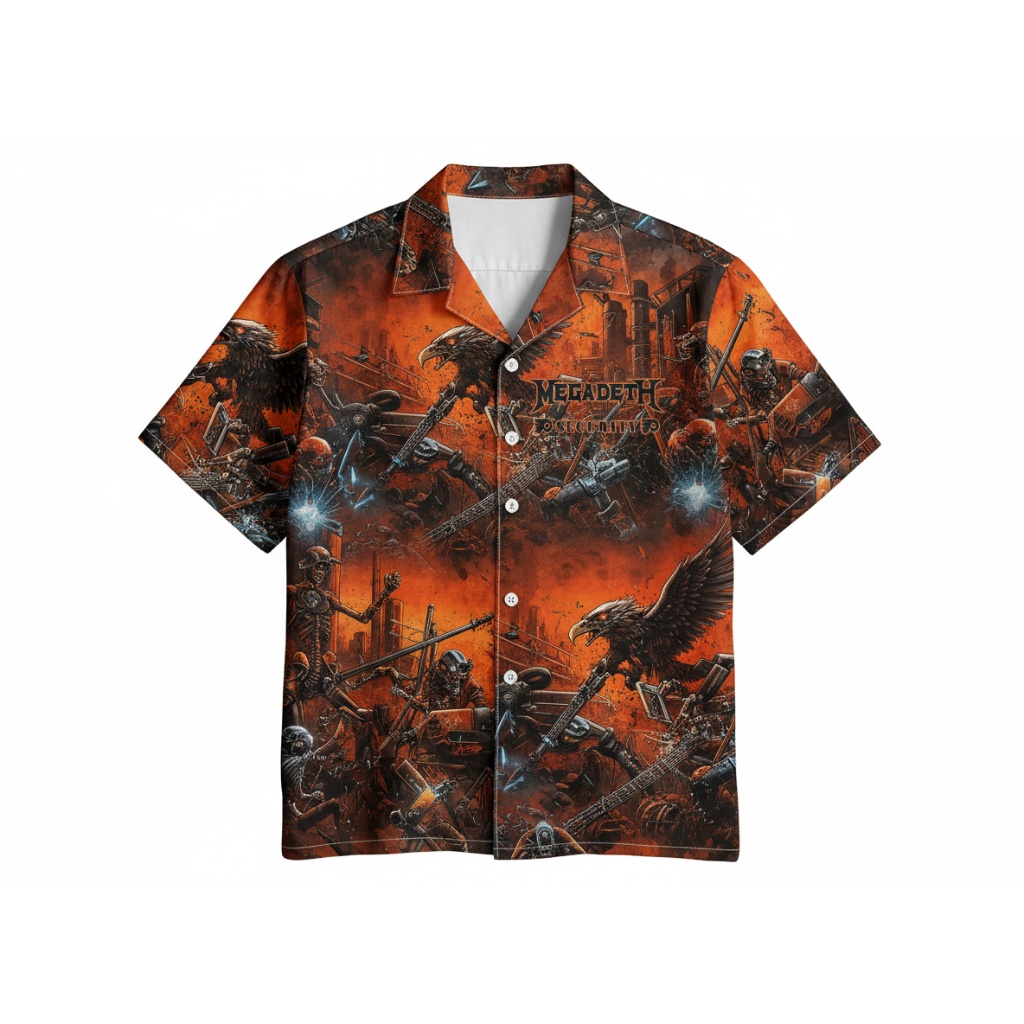Megadeth Orange Skull Battle Hawaiian Shirt Men's Front - Fadebrick.com