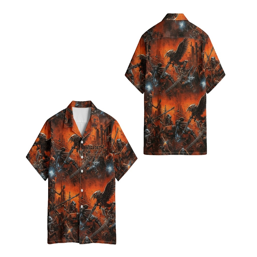 Megadeth Orange Skull Battle Hawaiian Shirt Men's - Fadebrick.com