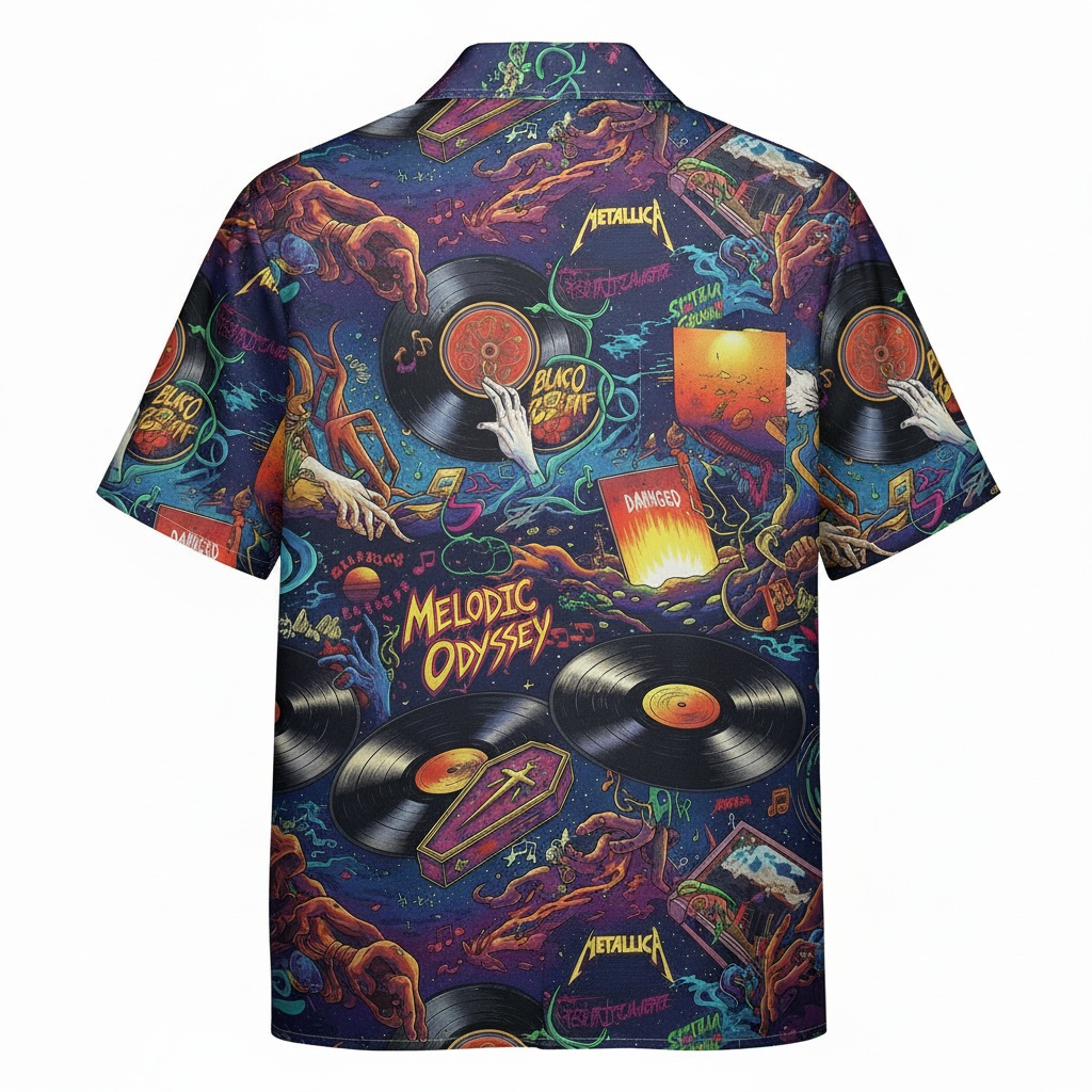 Melodic Odyssey Dark Blue Vinyl Record Graphic Button Up Back - Fadebrick.com