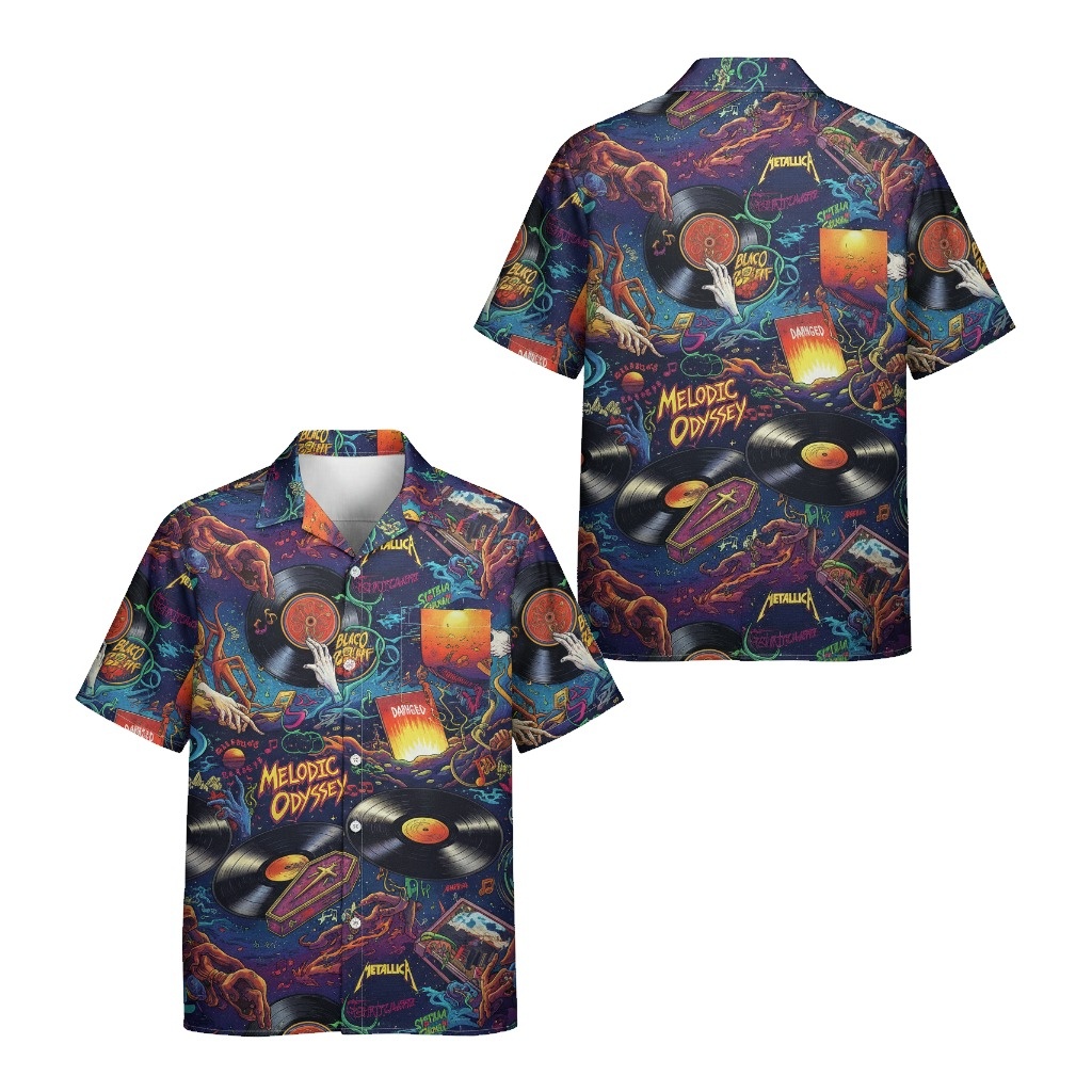 Melodic Odyssey Dark Blue Vinyl Record Graphic Button Up Front Back - Fadebrick.com
