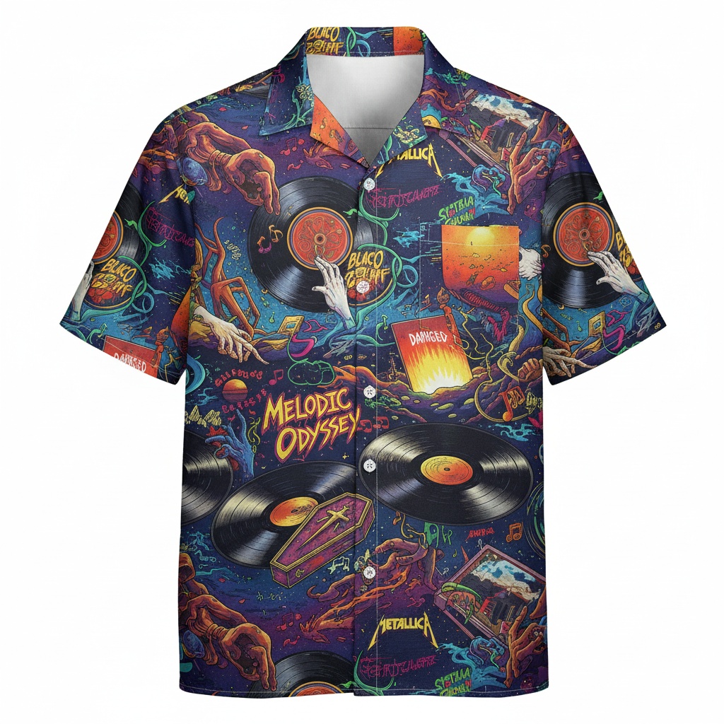 Melodic Odyssey Dark Blue Vinyl Record Graphic Button Up Front - Fadebrick.com