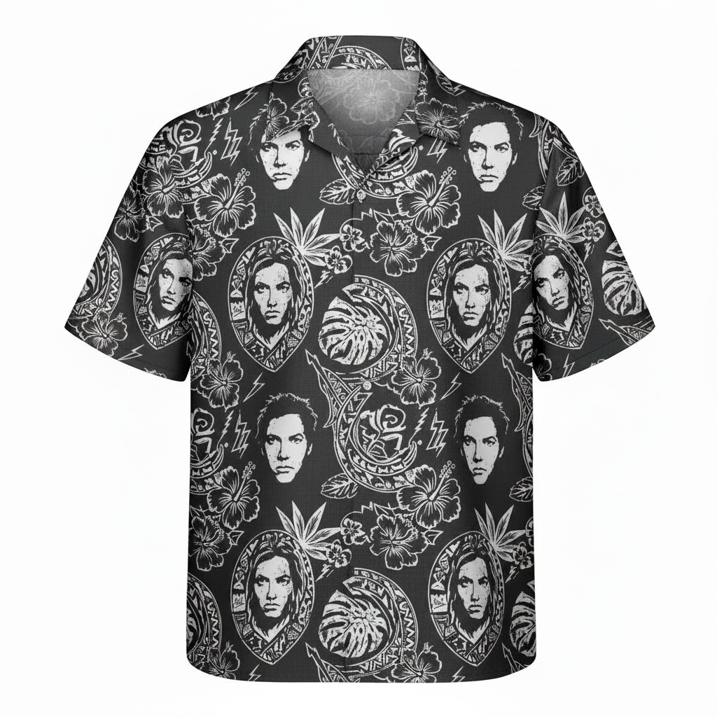 Men's Black Graphic Print Hawaiian Shirt Unique Portrait Back - Fadebrick.com