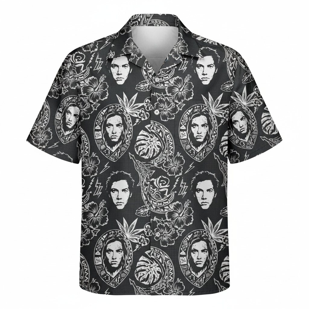Men's Black Graphic Print Hawaiian Shirt Unique Portrait Front - Fadebrick.com