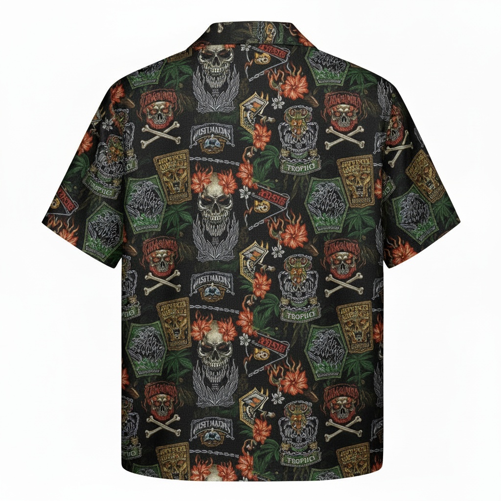 Men's Black Skull Tropical Hawaiian Shirt Back - Fadebrick.com