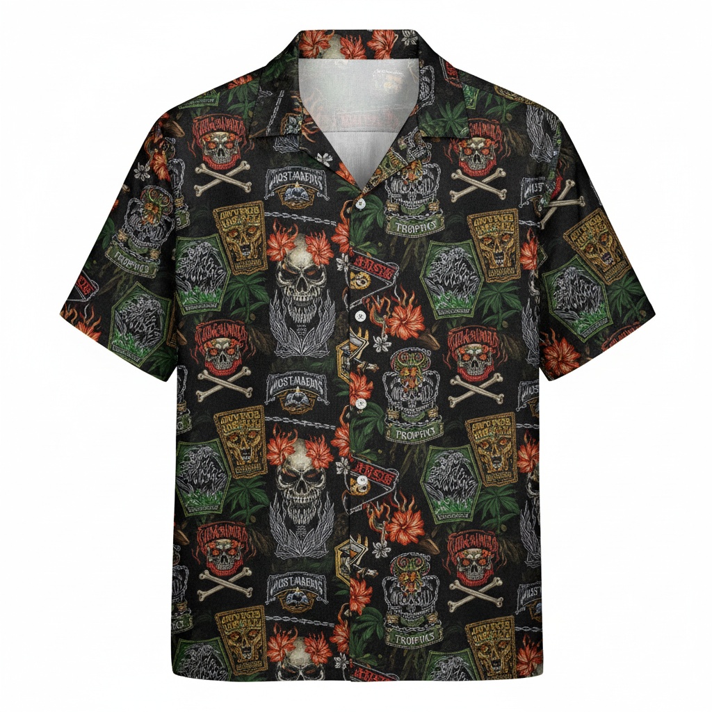 Men's Black Skull Tropical Hawaiian Shirt Front - Fadebrick.com