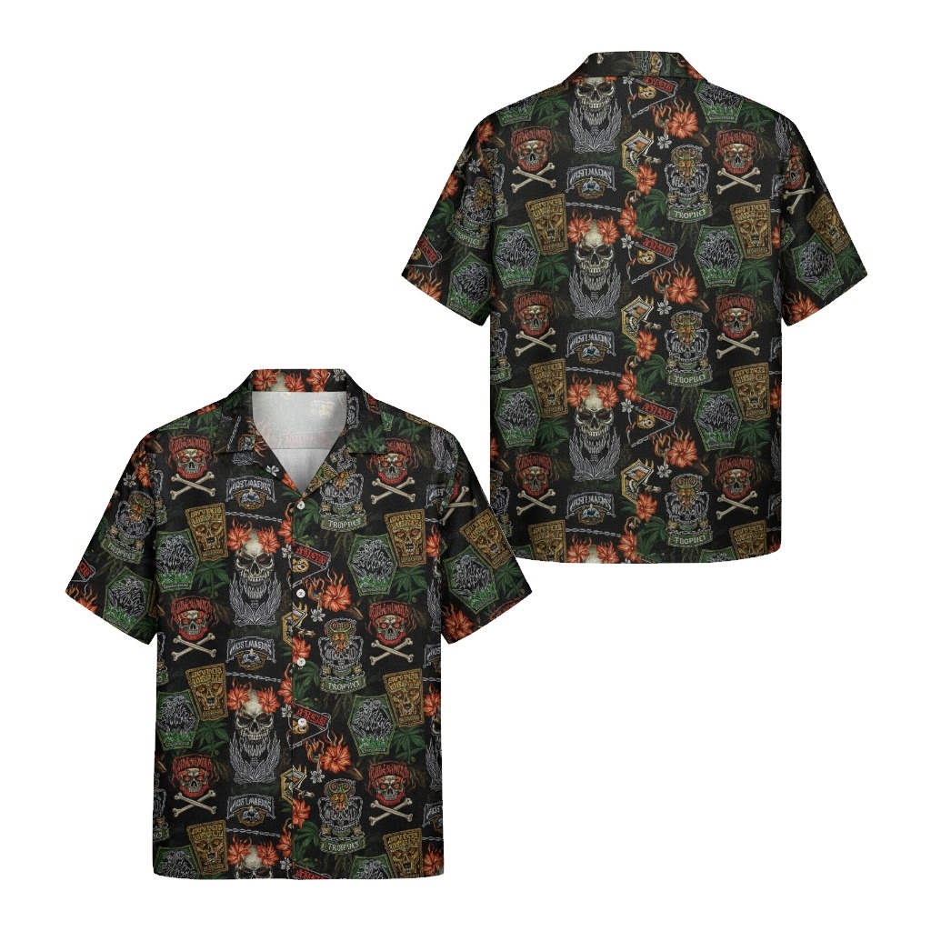 Men's Black Skull Tropical Hawaiian Shirt - Fadebrick.com
