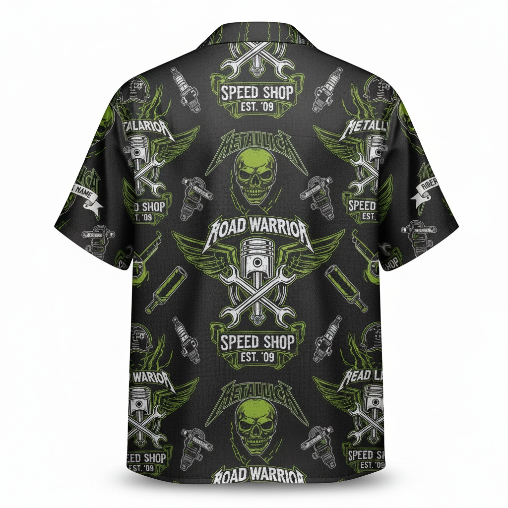 Men's Green Road Warrior Speed Shop Hawaiian Shirt Back - Fadebrick.com