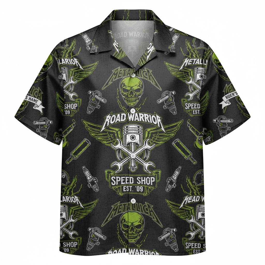 Men's Green Road Warrior Speed Shop Hawaiian Shirt Front - Fadebrick.com