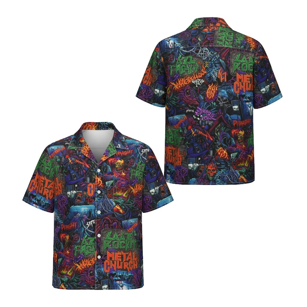 Metal Church Graphic Print Button Up Shirt Multi Color Front Back - Fadebrick.com