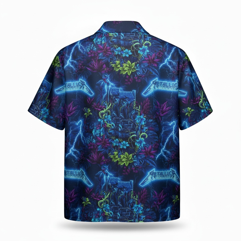 Metallic Neon Lightning Floral Hawaiian Shirt Blue Vibes Back - Fadebrick.com