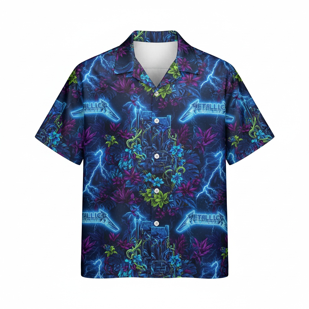 Metallic Neon Lightning Floral Hawaiian Shirt Blue Vibes Front - Fadebrick.com