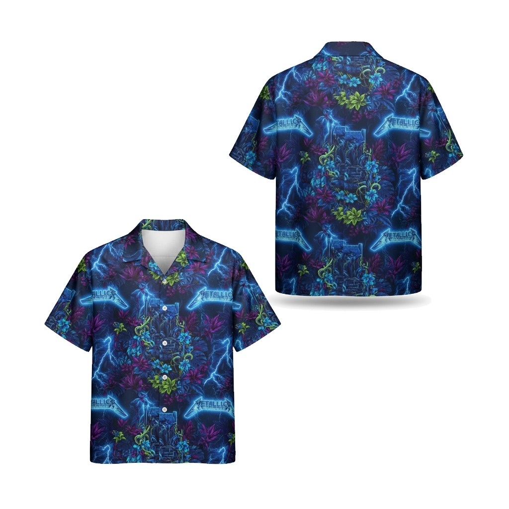 Metallic Neon Lightning Floral Hawaiian Shirt Blue Vibes - Fadebrick.com