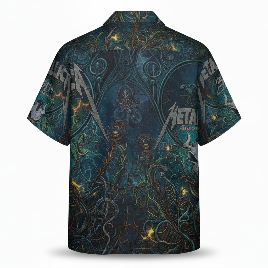 Metallica 30th Anniversary Dark Teal Graphic Hawaiian Shirt Back - Fadebrick.com