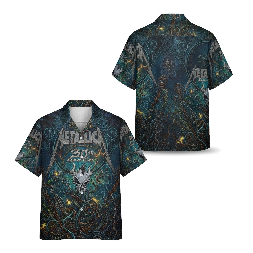 Metallica 30th Anniversary Dark Teal Graphic Hawaiian Shirt Front Back - Fadebrick.com