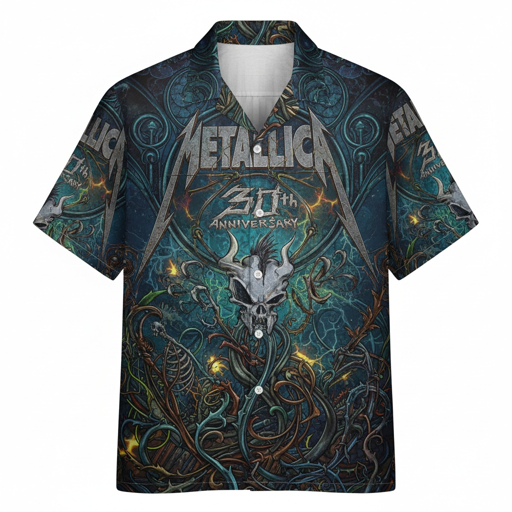 Metallica 30th Anniversary Dark Teal Graphic Hawaiian Shirt Front - Fadebrick.com