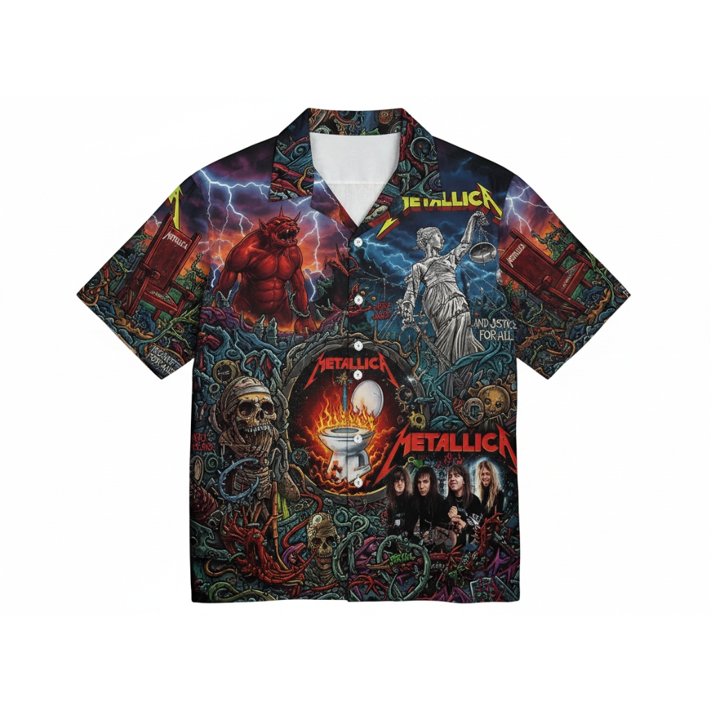 Metallica And Justice For All Graphic Print Hawaiian Shirt Front - Fadebrick.com