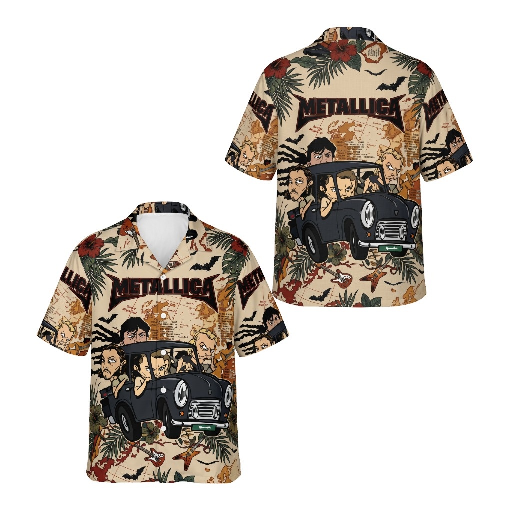 Metallica Band Cartoon Mini Car Hawaiian Shirt Beige Tan Front Back - Fadebrick.com