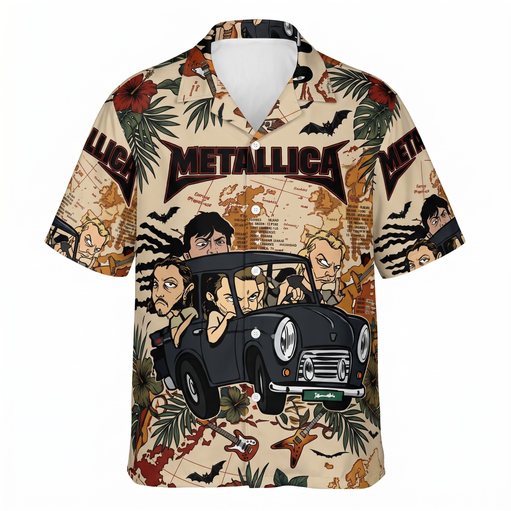 Metallica Band Cartoon Mini Car Hawaiian Shirt Beige Tan Front - Fadebrick.com