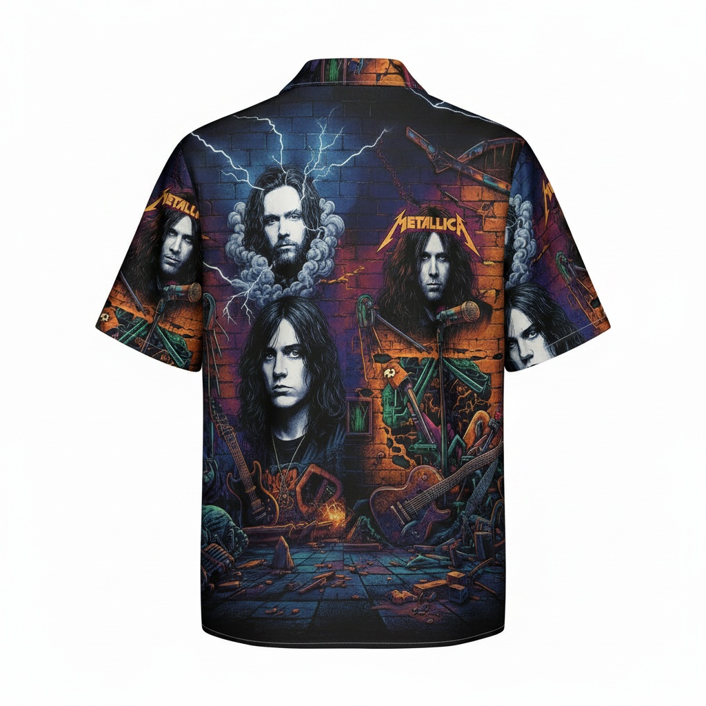 Metallica Band Dark Graphic Print Short Sleeve Button Up Back - Fadebrick.com