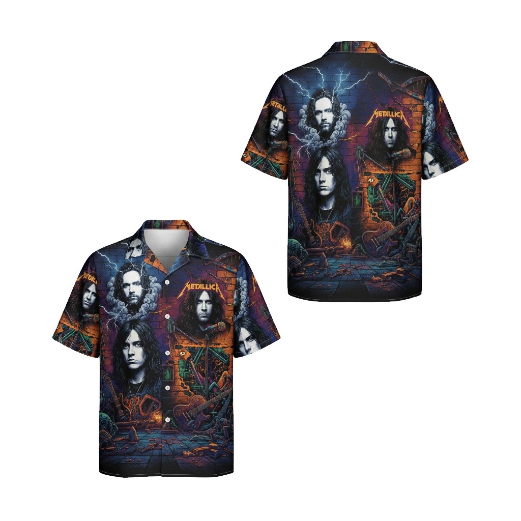 Metallica Band Dark Graphic Print Short Sleeve Button Up Front Back - Fadebrick.com