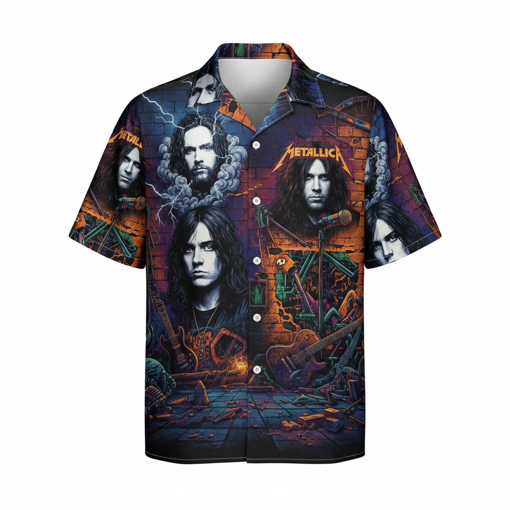 Metallica Band Dark Graphic Print Short Sleeve Button Up Front - Fadebrick.com