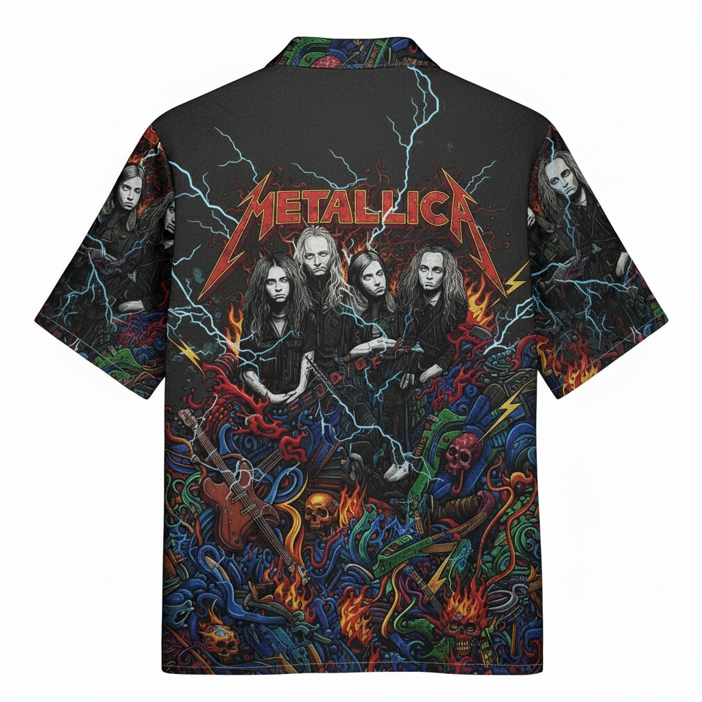 Metallica Band Graphic Print Black Hawaiian Shirt Men's Back - Fadebrick.com