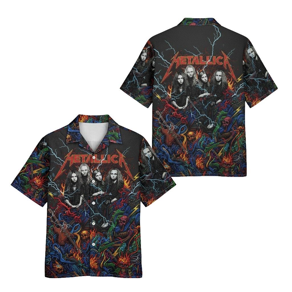 Metallica Band Graphic Print Black Hawaiian Shirt Men's Front Back - Fadebrick.com