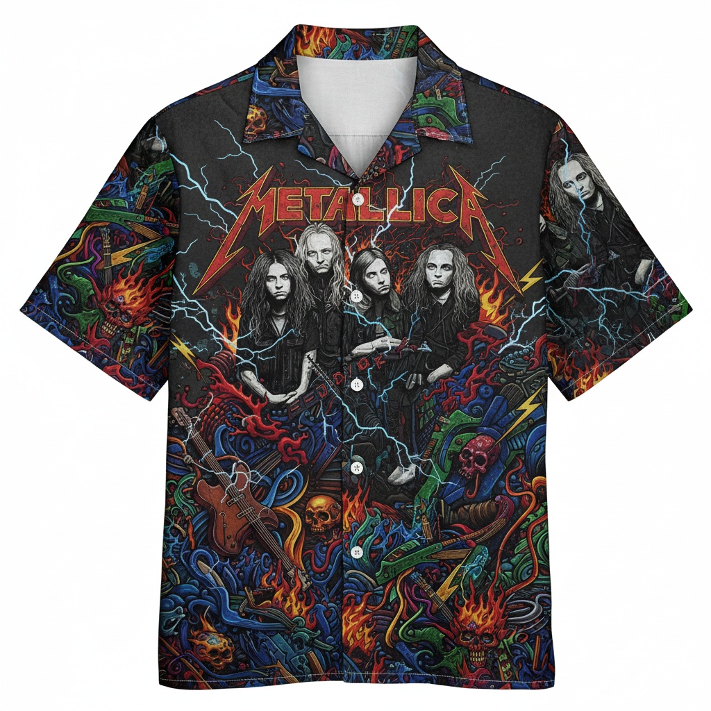 Metallica Band Graphic Print Black Hawaiian Shirt Men's Front - Fadebrick.com