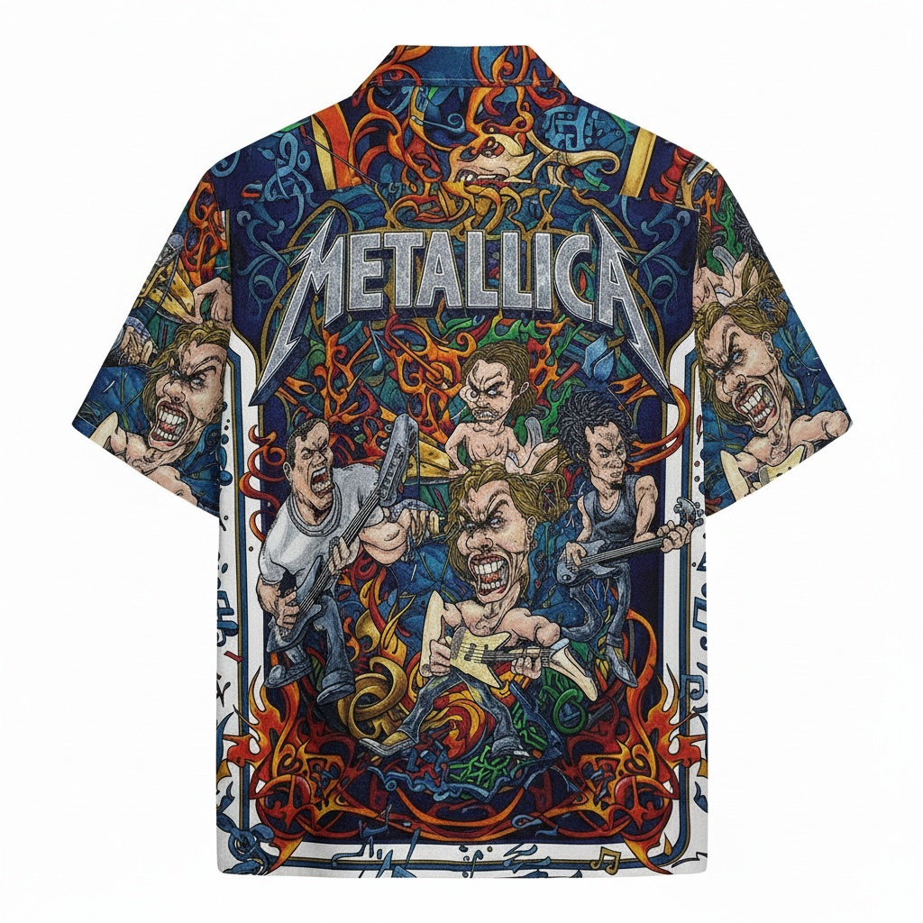 Metallica Band Graphic Print Hawaiian Shirt Blue Orange Back - Fadebrick.com