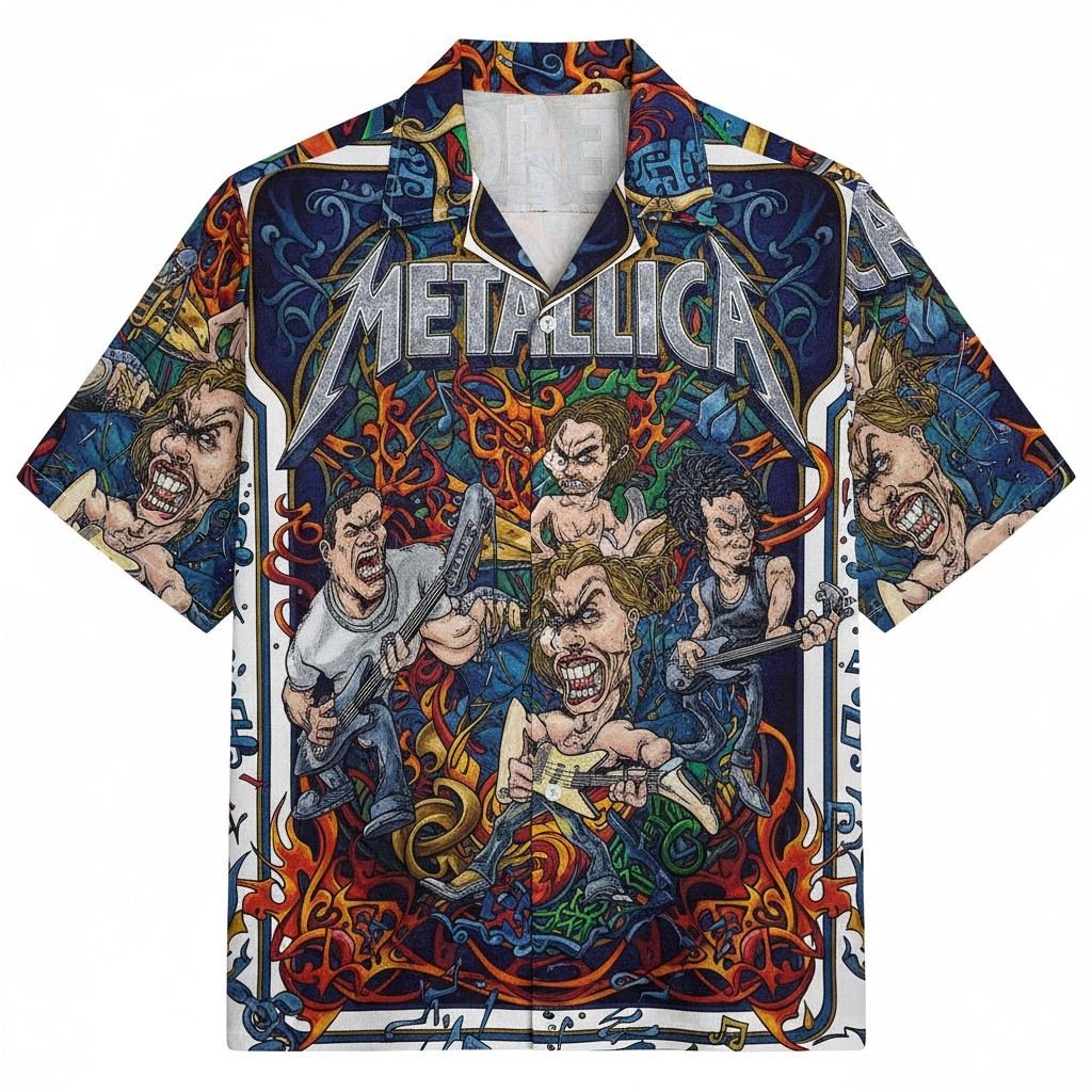 Metallica Band Graphic Print Hawaiian Shirt Blue Orange Front - Fadebrick.com