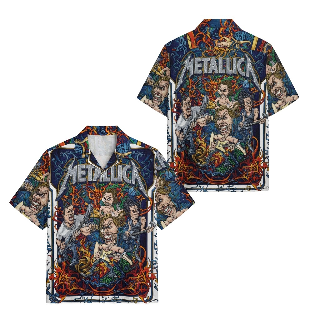 Metallica Band Graphic Print Hawaiian Shirt Blue Orange - Fadebrick.com