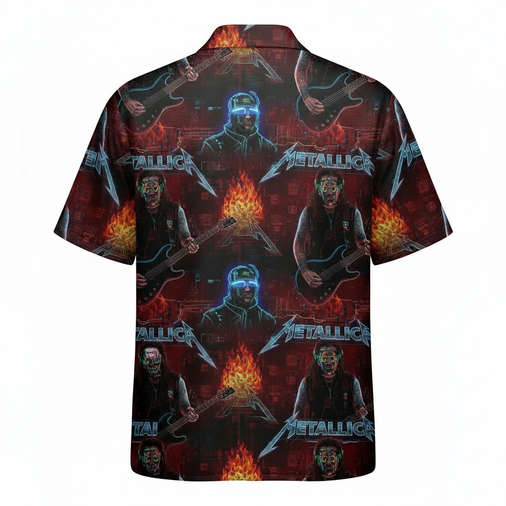 Metallica Band Graphic Print Hawaiian Shirt Red Black Back - Fadebrick.com