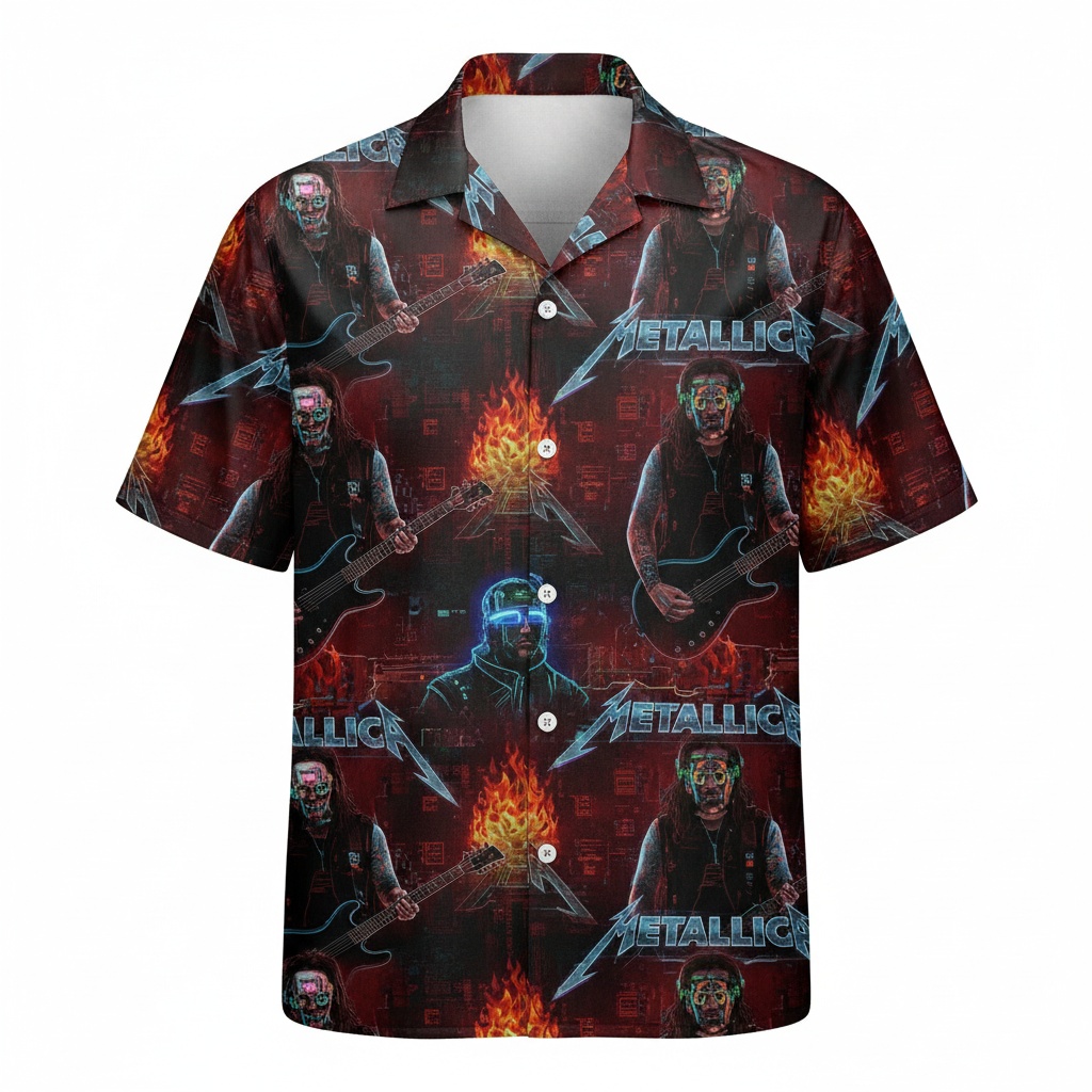 Metallica Band Graphic Print Hawaiian Shirt Red Black Front - Fadebrick.com