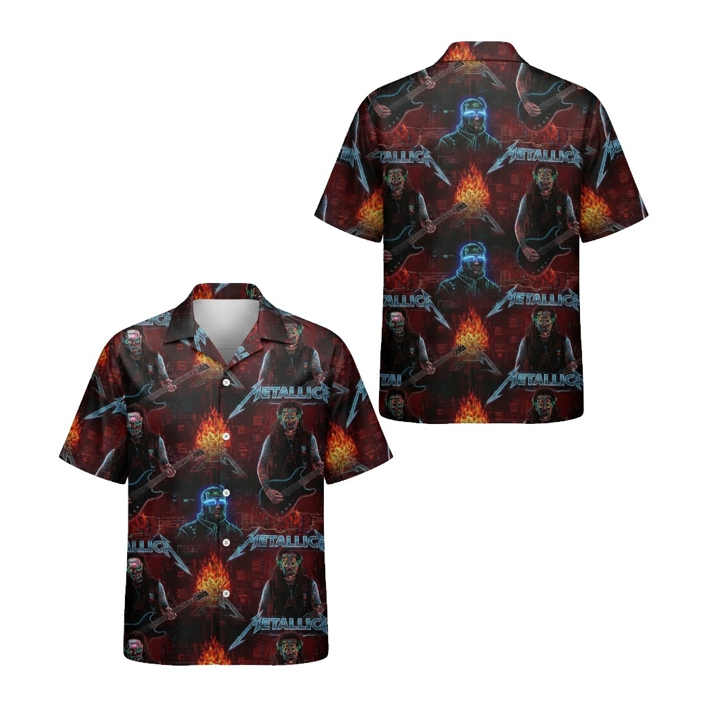 Metallica Band Graphic Print Hawaiian Shirt Red Black - Fadebrick.com