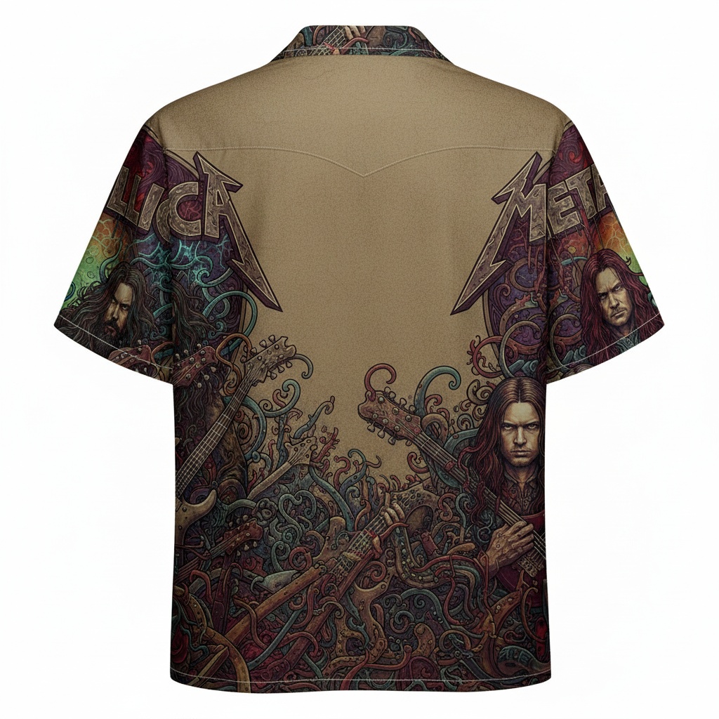 Metallica Band Graphic Print Hawaiian Shirt Tan Brown Back - Fadebrick.com