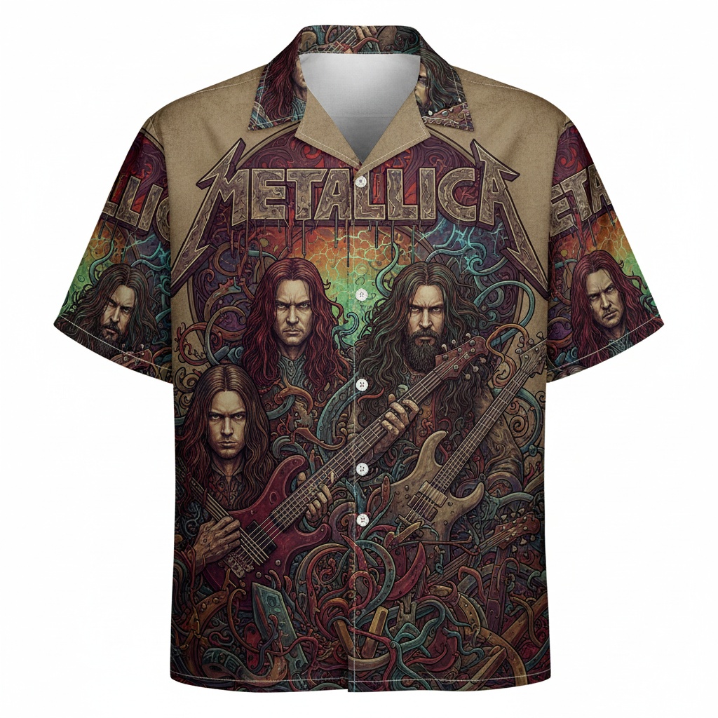 Metallica Band Graphic Print Hawaiian Shirt Tan Brown Front - Fadebrick.com