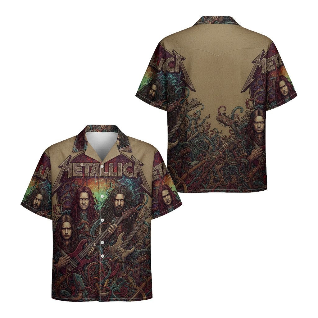 Metallica Band Graphic Print Hawaiian Shirt Tan Brown - Fadebrick.com